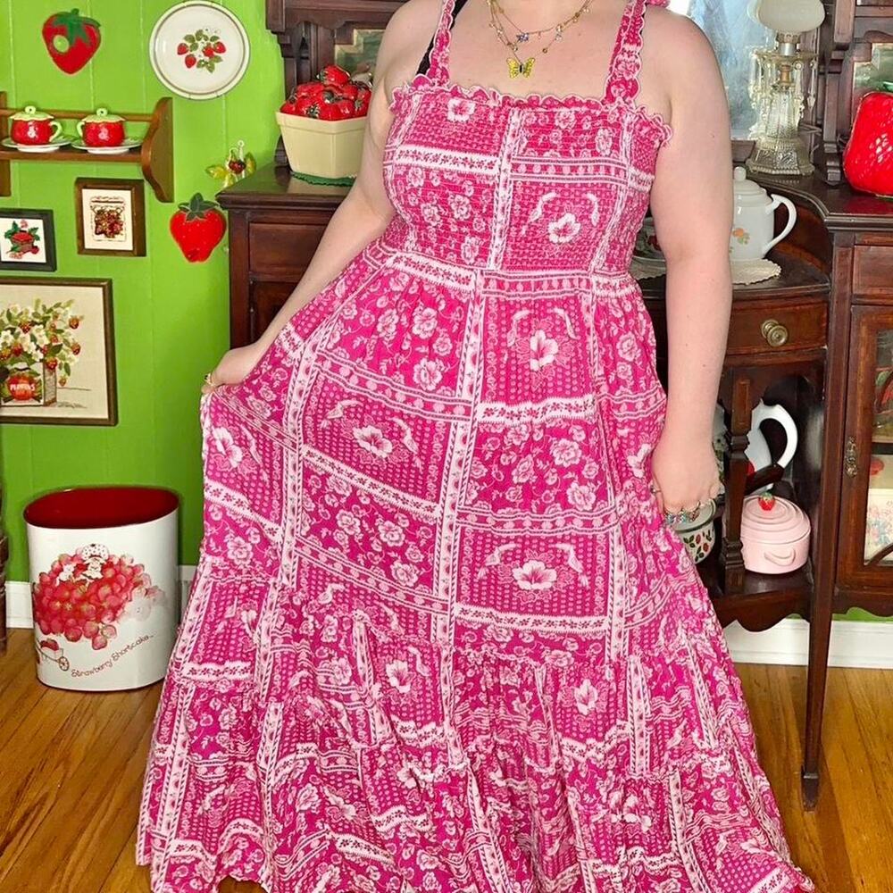 Hot pink cottagecore patchwork tropical hibiscus floral & toucan maxi dress